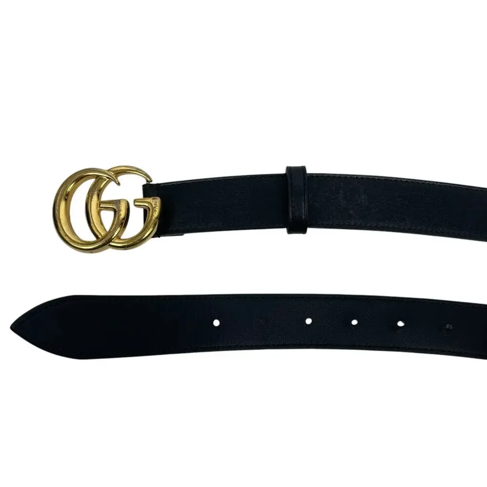 Gucci GG Marmot 30mm Thin Leather Belt Black Gold Buckle Men Size 105/42